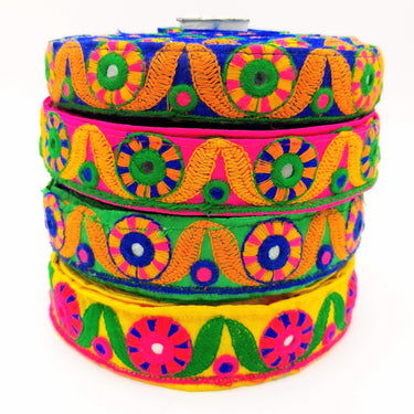 Green Mirrored Fabric Trim With Orange, Yellow, Blue And Pink Embroidery
